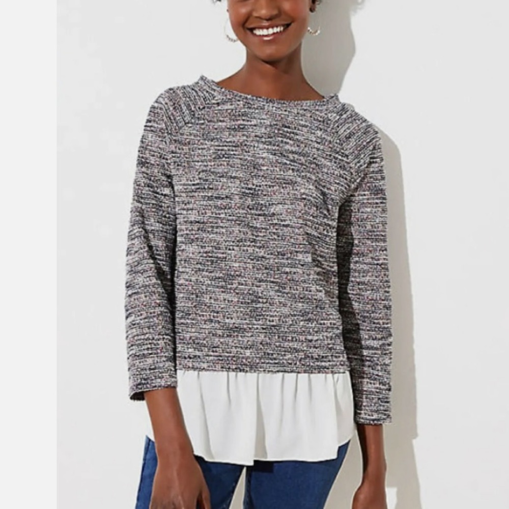 NWT LOFT Textured Mixed Media Sweater | tweed with faux blouse underneath